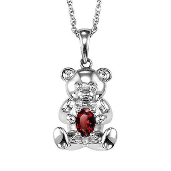 Silver Teddy Bear Birthstone Pendant - Ruby - July - Oro Diamante